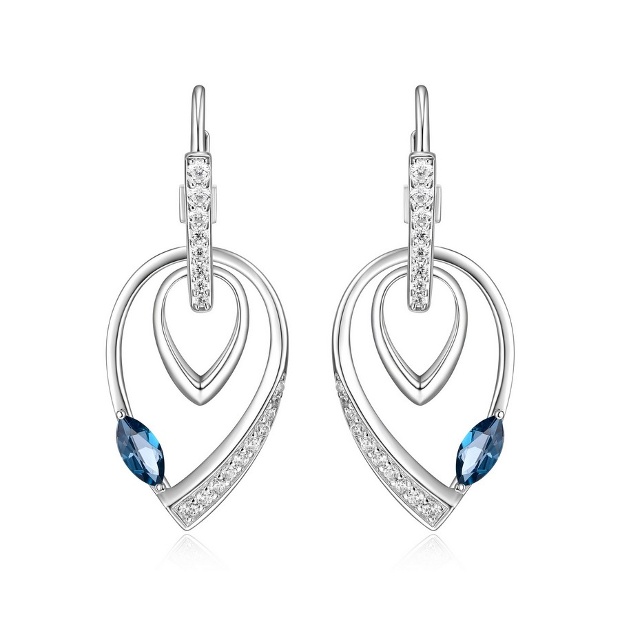 Boucles d'oreilles pour femme en argent 925, topaze bleu, zircons, crochets