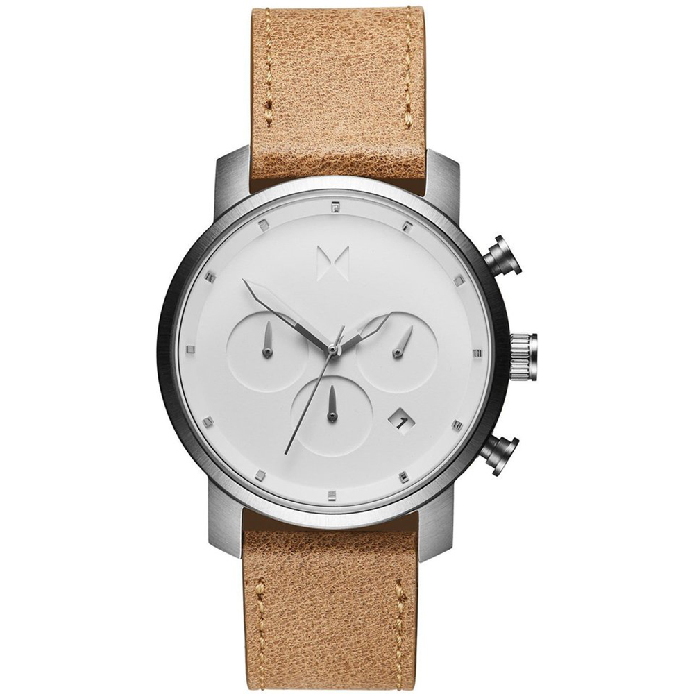 Montre stainless, bracelet cuir, 5ATM, chrono