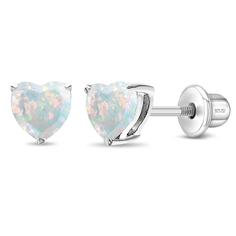 Boucles d'oreilles vissées pour enfant en argent 925, coeurs, opales - SS-03-01026 - In Season Jewelry