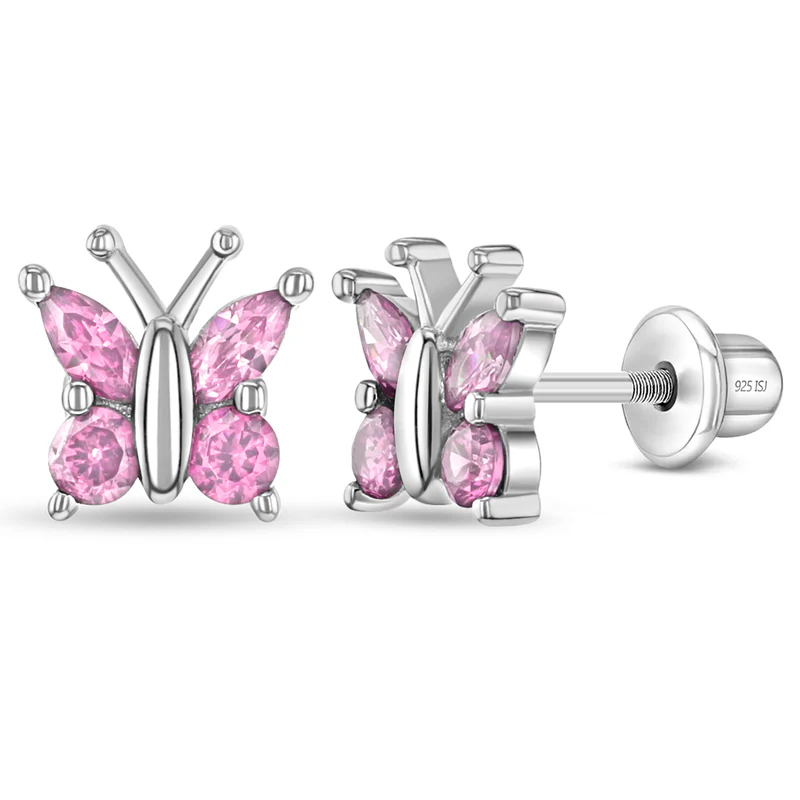 Boucles d'oreilles vissées pour enfant en argent 925, cubic zirconium, papillons - SS-03-00352 - In Season Jewelry