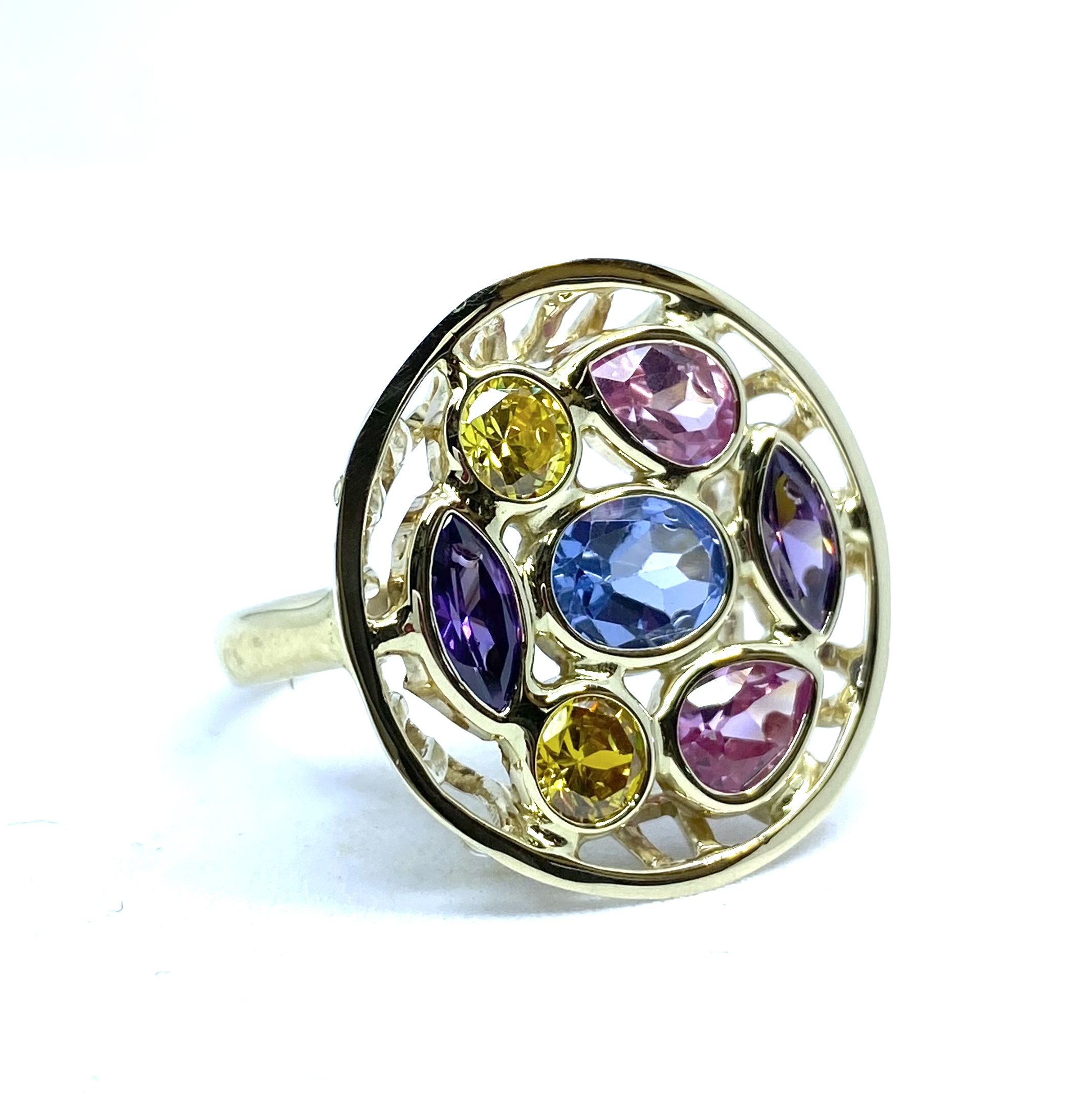 Bague pour femme en or 14k, 1 topaze bleu 7x5mm, 2 citrines 4.5mm, 2 améthystes 7x3mm, 2 tourmalines 6.5x4.5mm - BG0280 - Divers
