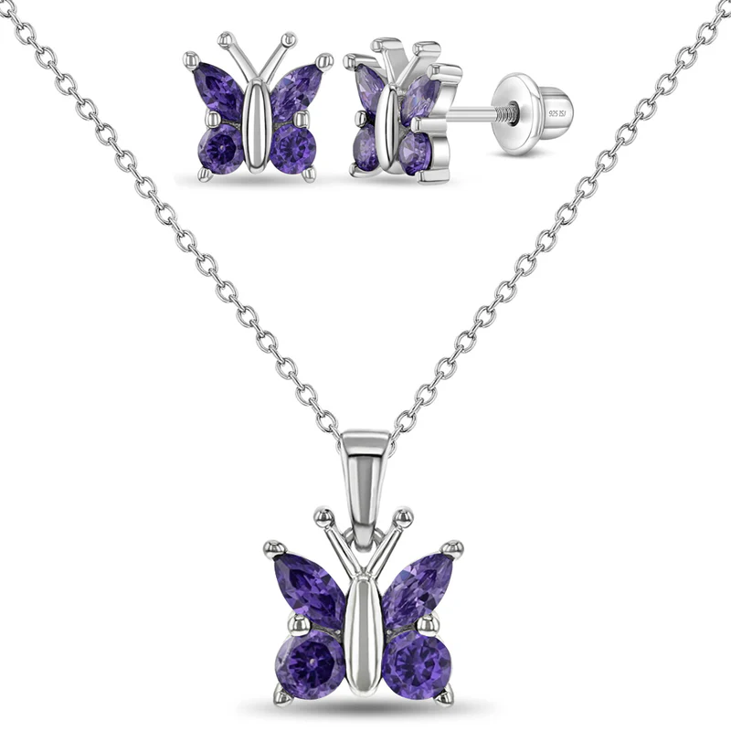 Ensemble de boucles d'oreilles vissées et pendentif pour enfant en argent 925, cubic zirconium, papillons - B-JS-04-00020 - In Season Jewelry
