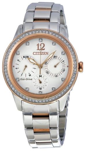 Montre femme, stainless, cadran entouré de pierres, eco-drive