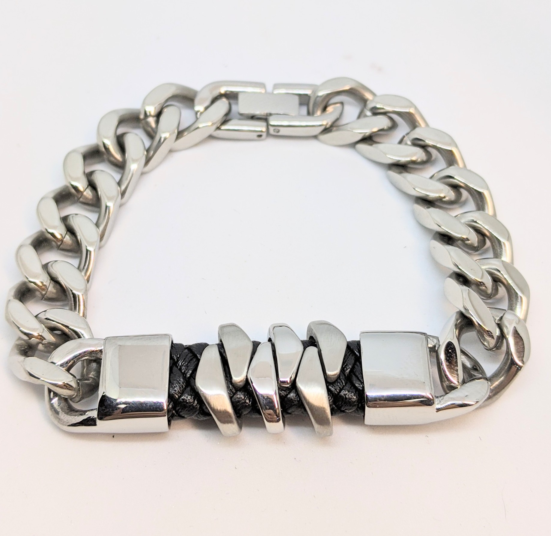 Braclelet stainless et cuir, gourmette