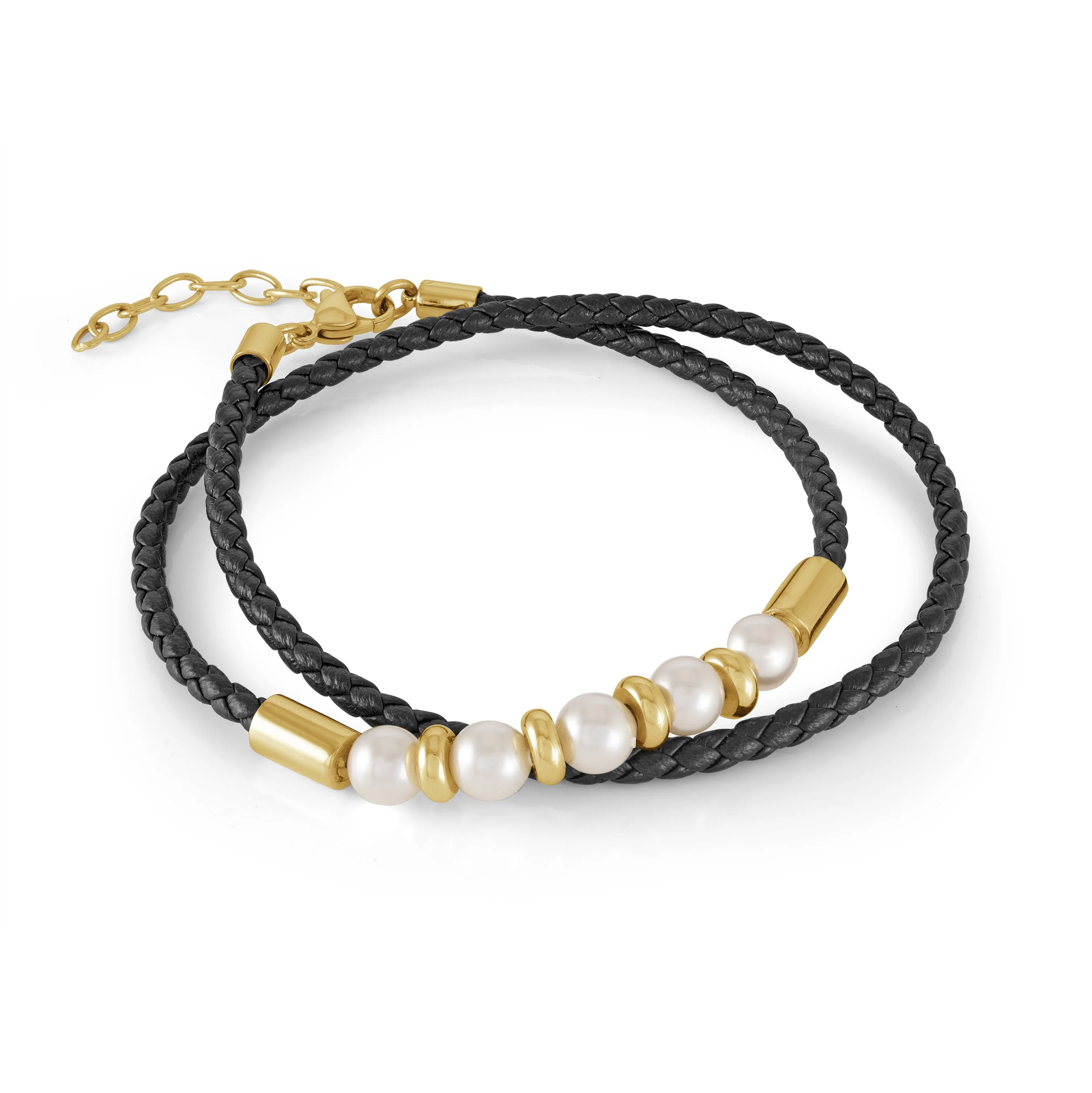 Bracelet double pour femme en cuir en stainless et cuir, perles