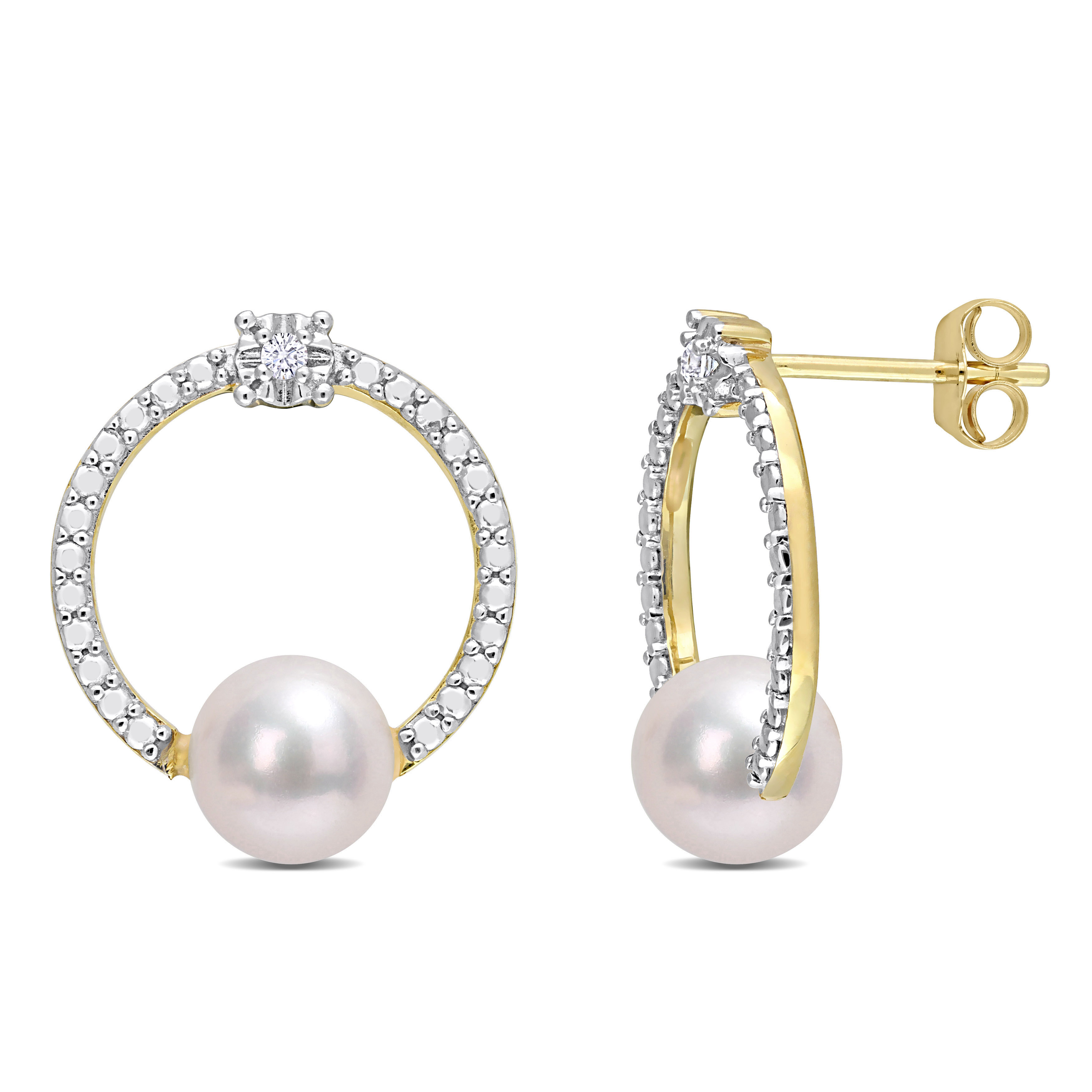 Boucles d'oreilles pour femme en or 10K, perles d'eau douce 7-7.5mm, 2 topazes blancs pour 0.07 carat