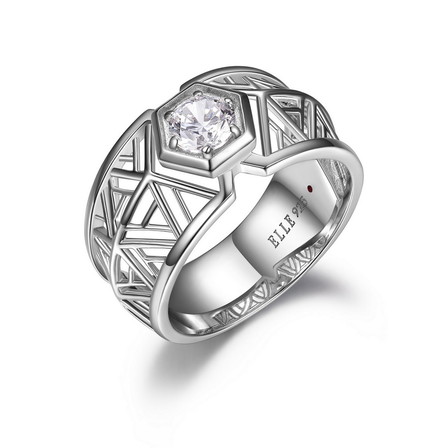 Bague argent 925, top hexagone avec 1 pierre