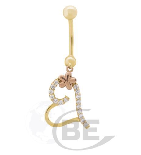 Barbel en or 14K, zircons, coeur et fleur