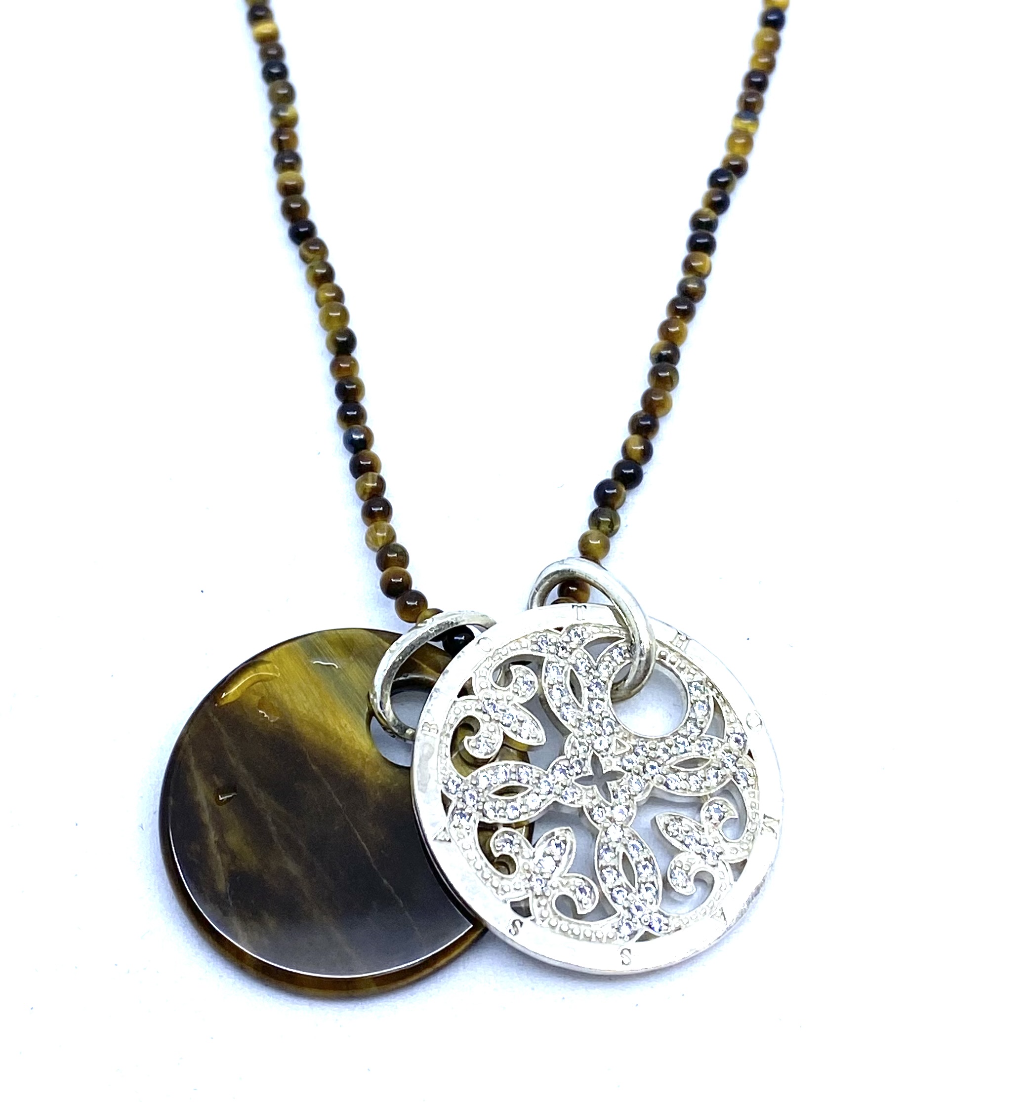 Pendentif pour femme en argent 925, zircons, oeil de tigre