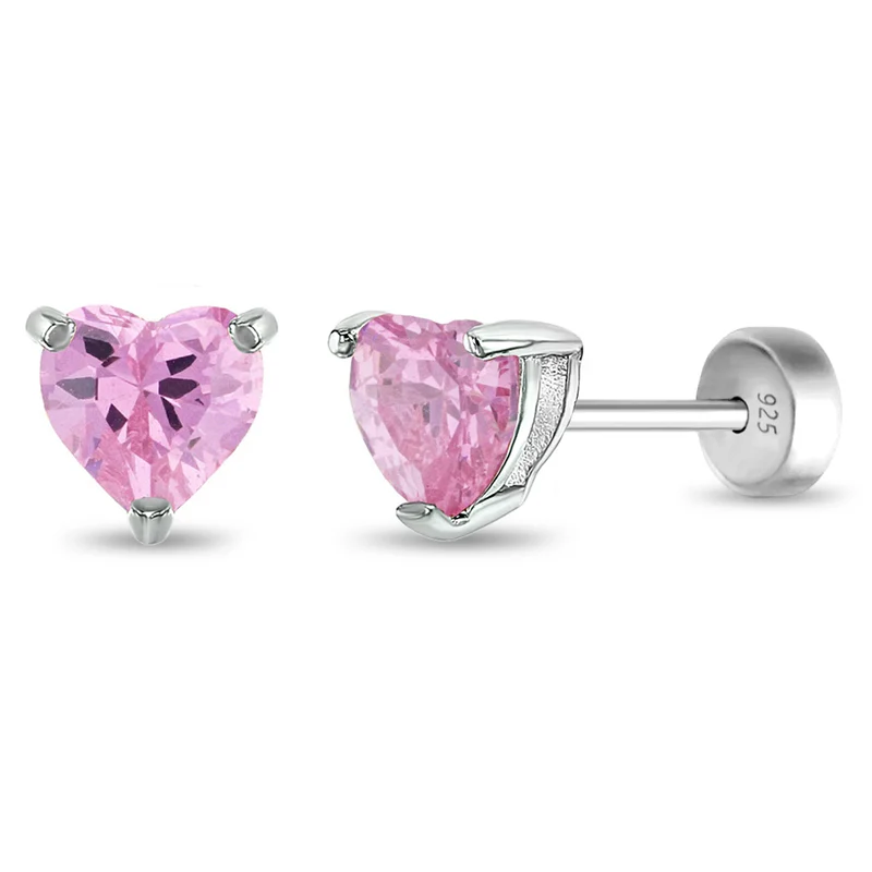 Boucles d'oreilles vissées pour enfant en argent 925, cubic zirconium, coeurs - SS-03-00114 - In Season Jewelry