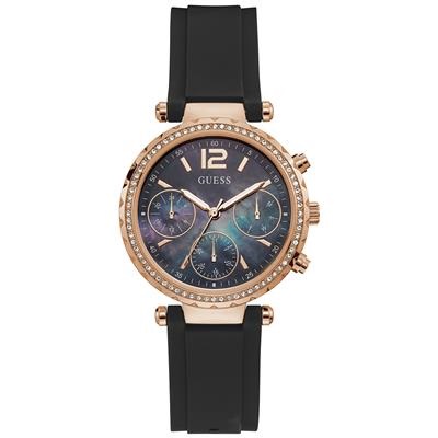 Montre stainless, bracelet en silicone, cadran entouré de pierres
