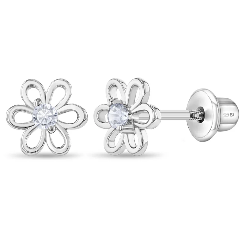 Boucles d'oreilles vissées pour enfant en argent 925, cubic zirconium, fleurs - SS-03-00212 - In Season Jewelry