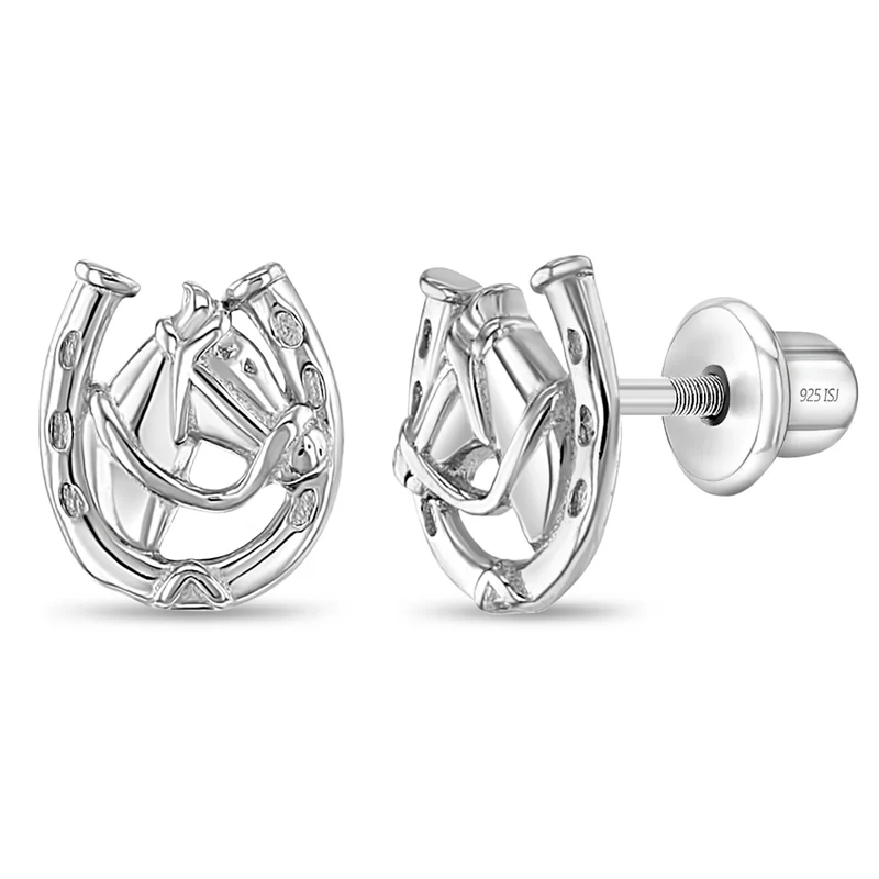 Boucles d'oreilles vissées pour enfant en argent 925, cheval - SS-03-01014 - In Season Jewelry