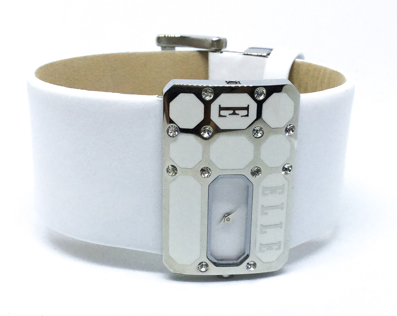Montre femme, stainless, bracelet cuir, cadran rectangle, 12 pierres