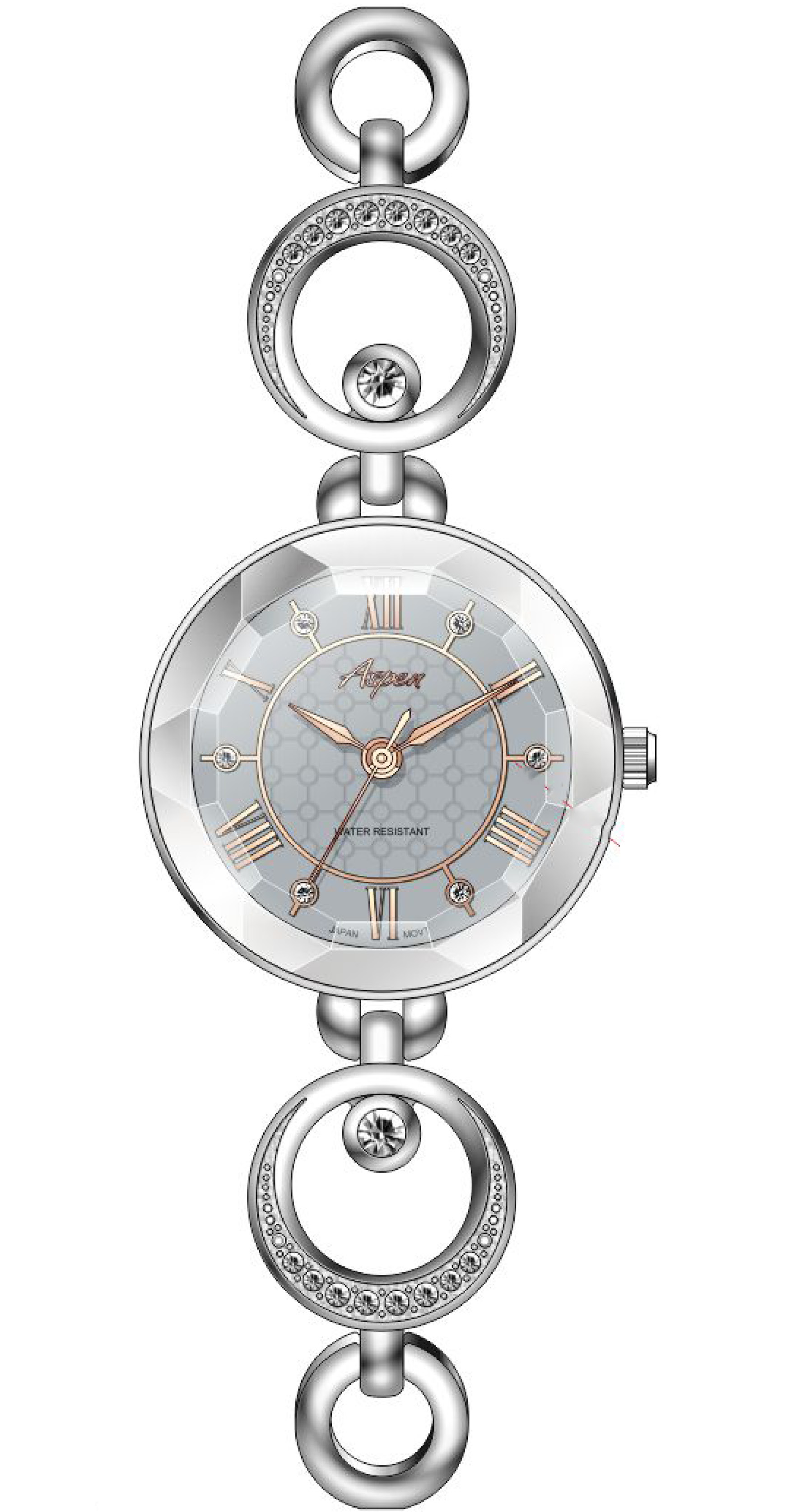 Montre femme, cadran et bracelet garnis de pierres, vitre diamantée