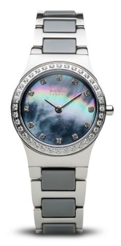 Montre femme, stainless/céramique, cadran entouré de pierres, 5ATM