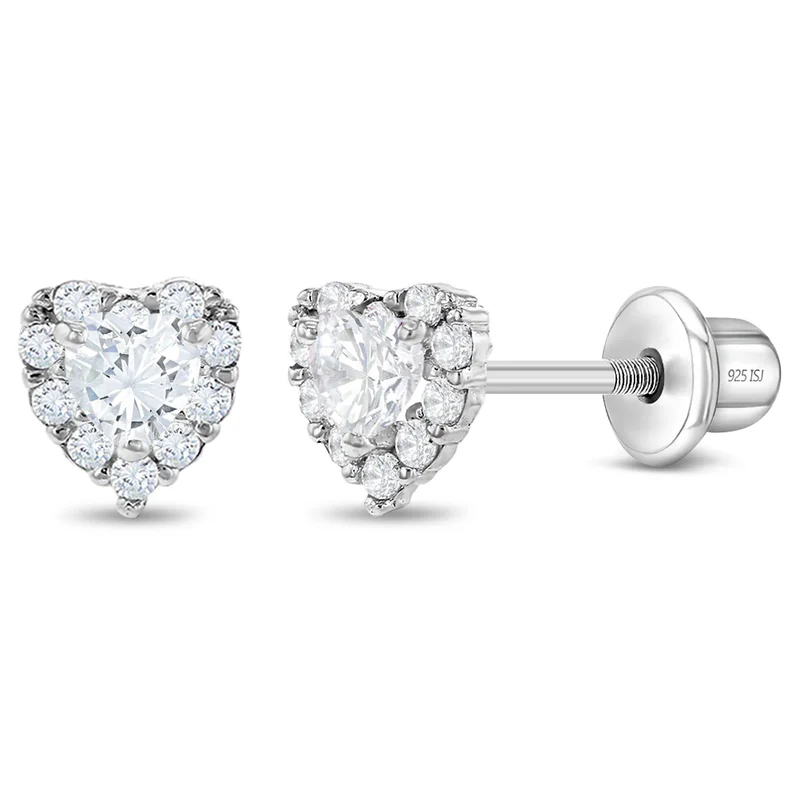 Boucles d'oreilles vissées pour enfant en argent 925, cubic zirconium, coeurs - SS-03-00736 - In Season Jewelry