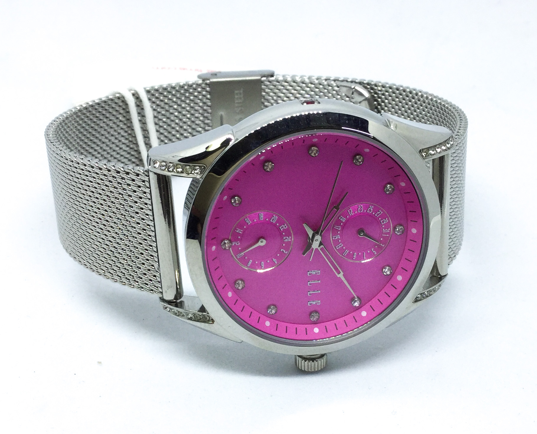 Montre femme, stainless, bracelet mèche, 12 pierres