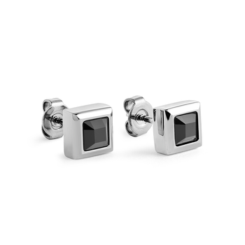 Boucles d'oreilles stainless, pierres noires coupe princesse, stud
