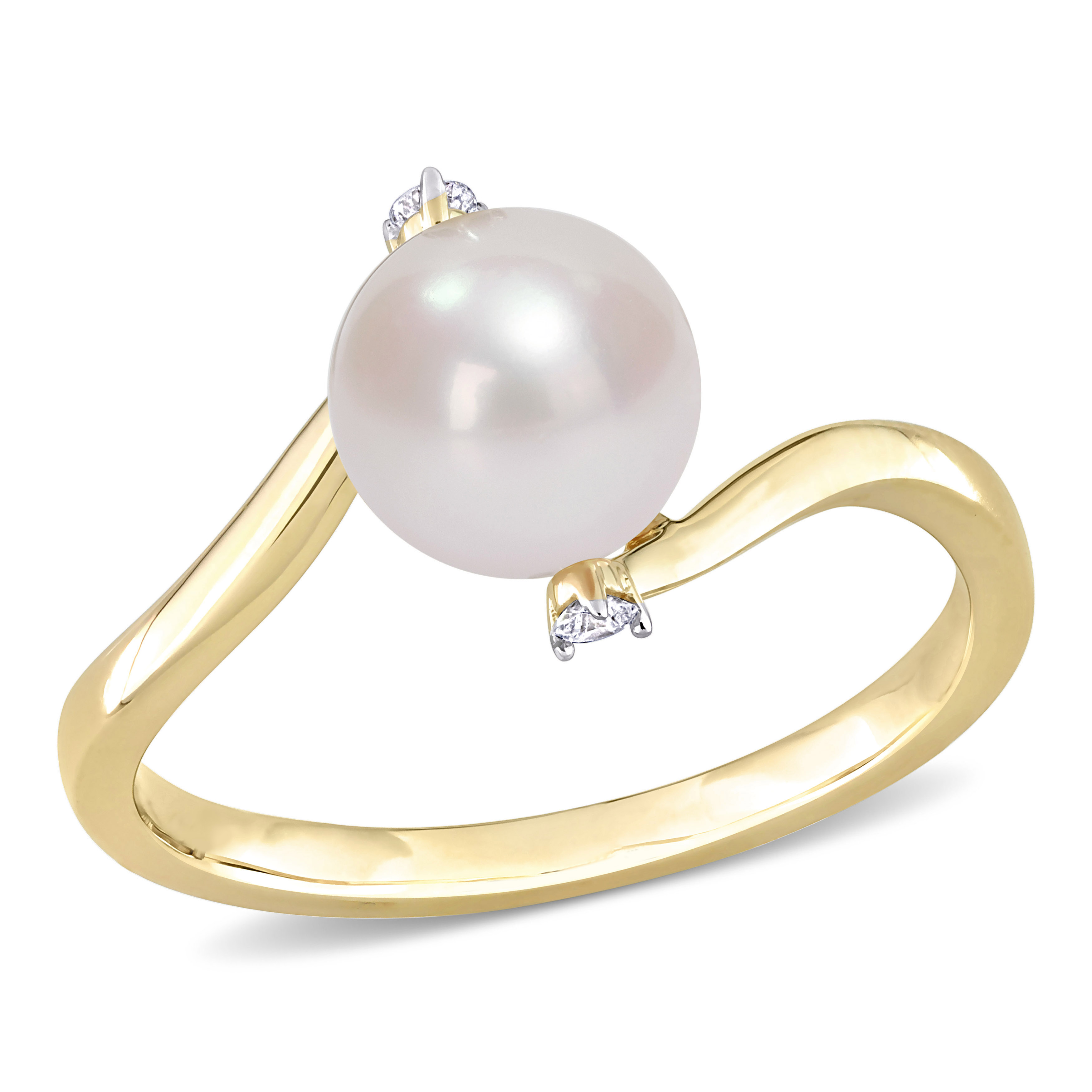 Bague pour femme en or 10K, perle d'eau douce 7-7.5mm, 2 diamants pour 0.04 carat