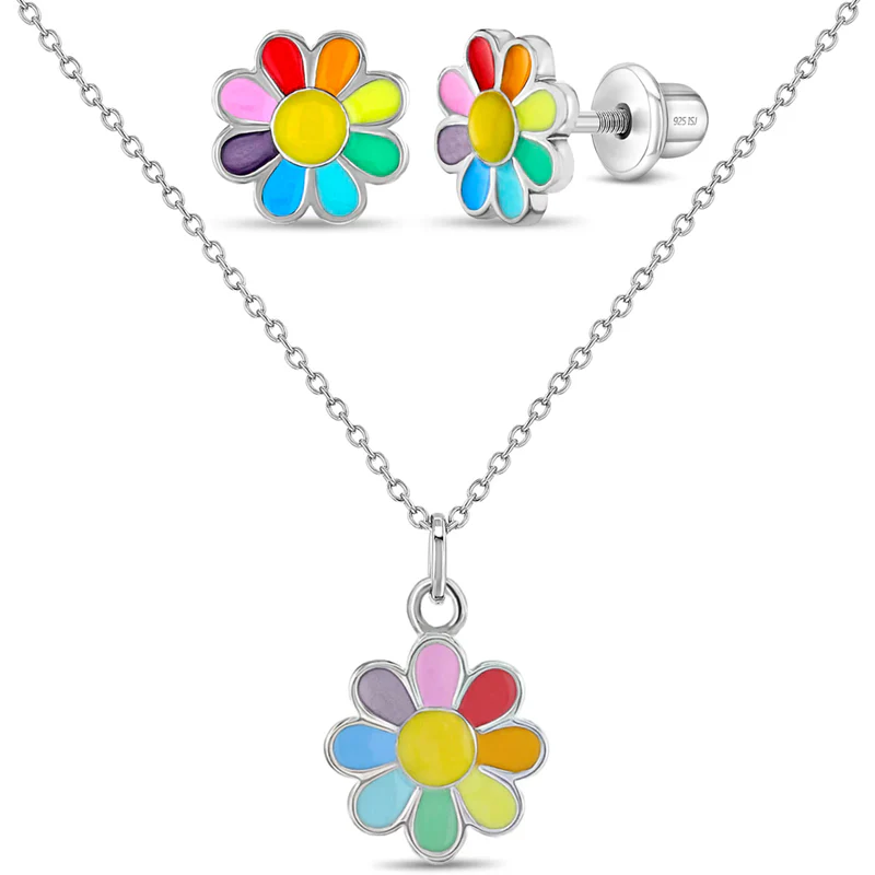 Ensemble de boucles d'oreilles vissées et pendentif pour enfant en argent 925, fleurs - B-JS-04-00010 - In Season Jewelry