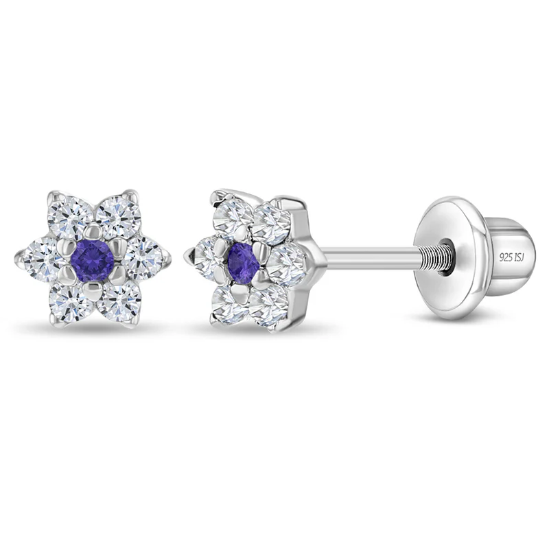 Boucles d'oreilles vissées pour enfant en argent 925, cubic zirconium, fleurs - SS-03-00740 - In Season Jewelry