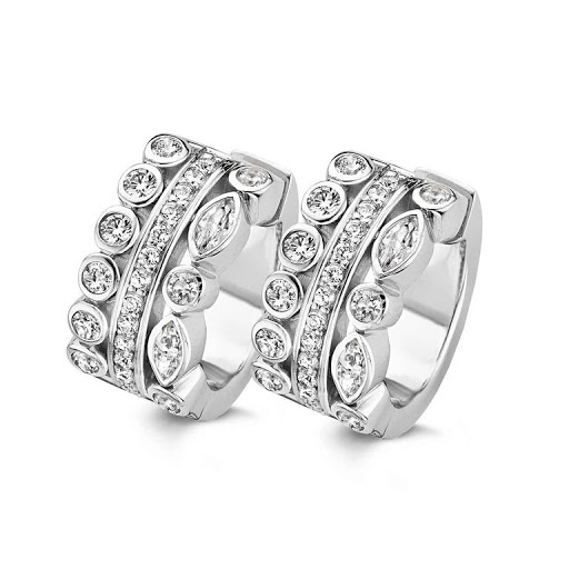Boucle d'oreille argent, 3 rangées de pierres, huggies