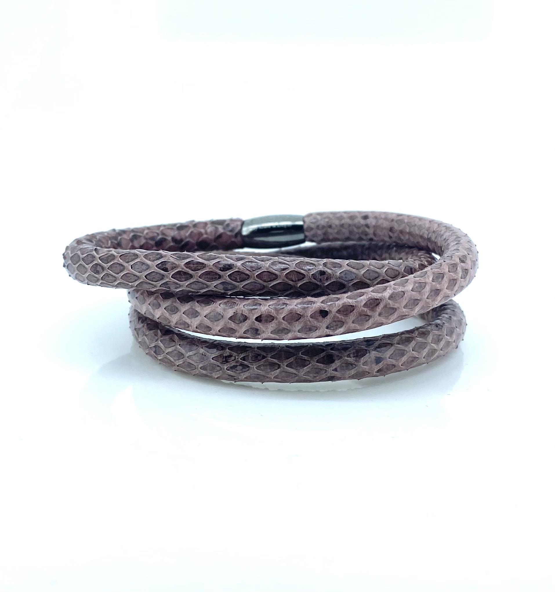 Bracelet triple pour femme en stainless et cuir, peau de serpent