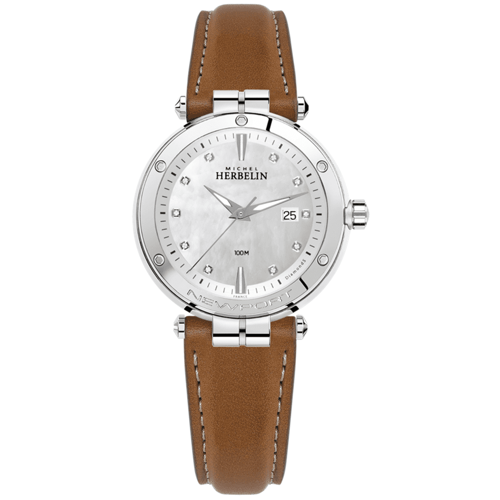 Montre femme, stainless et cuir de haute qualité, verre saphir, mouvement suisse, 10ATM, Newport