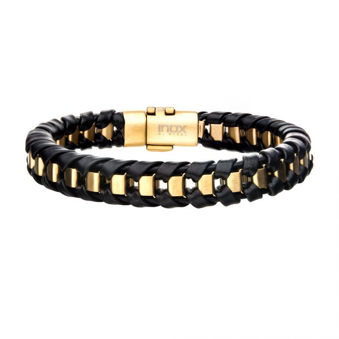 Bracelet pour homme en stainless et cuir - BRRALT7BLKGLD - Inox
