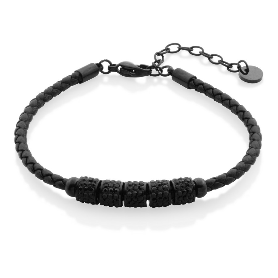 Bracelet stainless, boules garnies de pierres noires