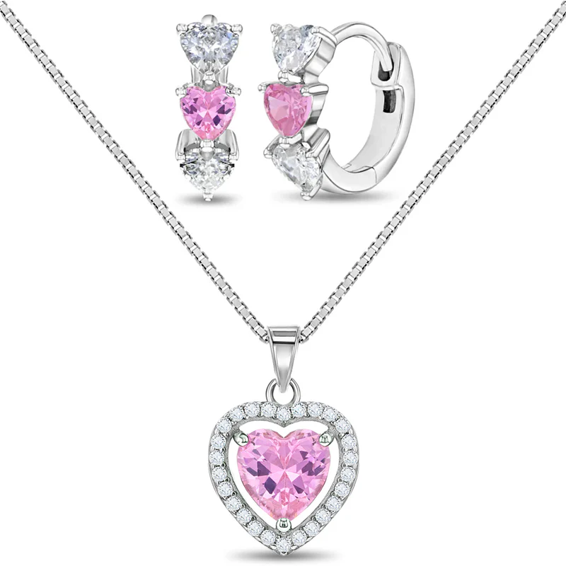 Ensemble de boucles d'oreilles et pendentif pour enfant en argent 925, cubic zirconium, coeurs - B-JS-04-00002 - In Season Jewelry