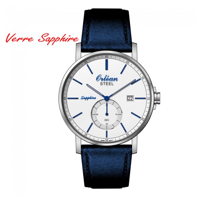 Montre homme, stainless, bracelet cuir, 3ATM, verre saphir