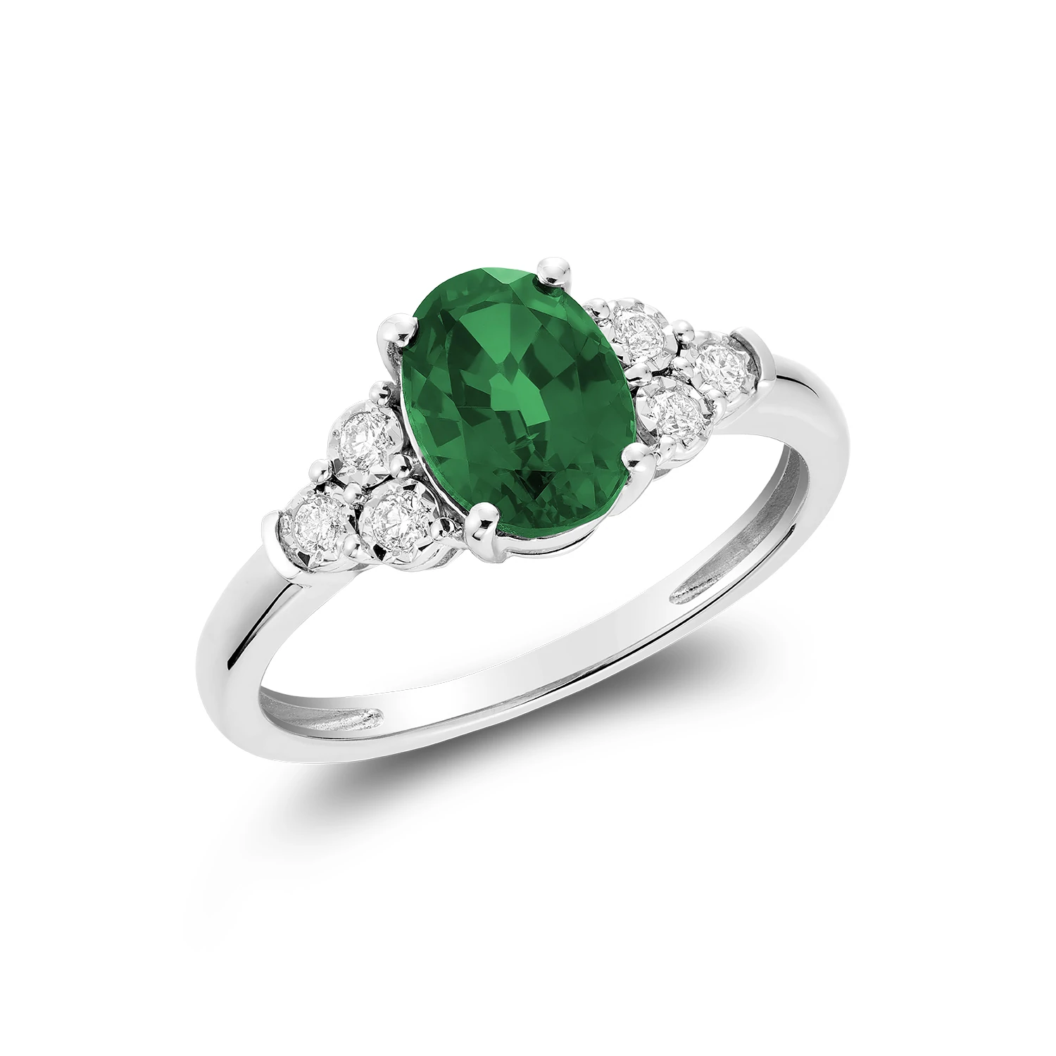 Bague pour femme en or 10k, 6 diamants H/I I-1 pour 0.10 carat, 1 imitation d'émeraude 6x8mm