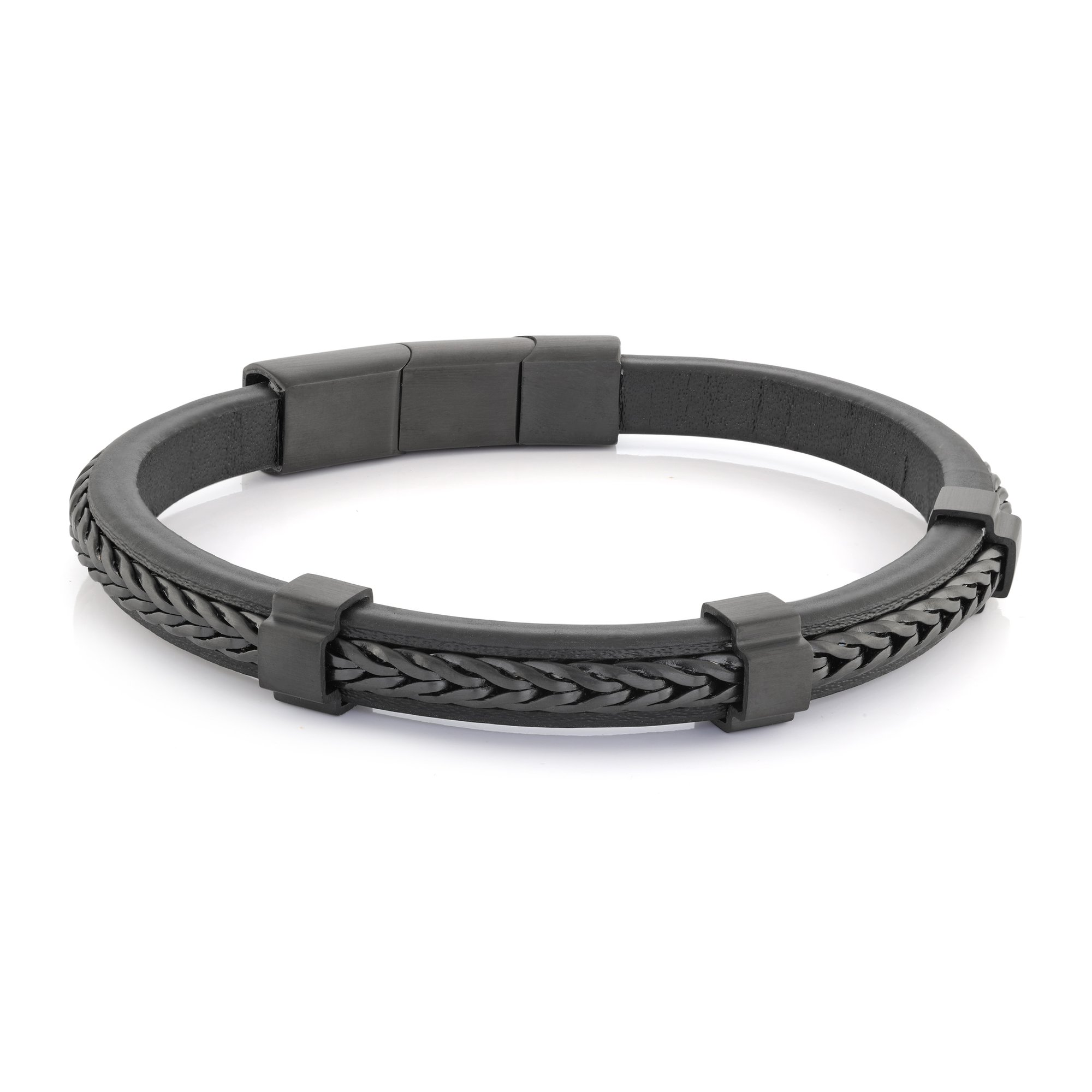 Bracelet de cuir et stainless, cuir recouvert de mailles