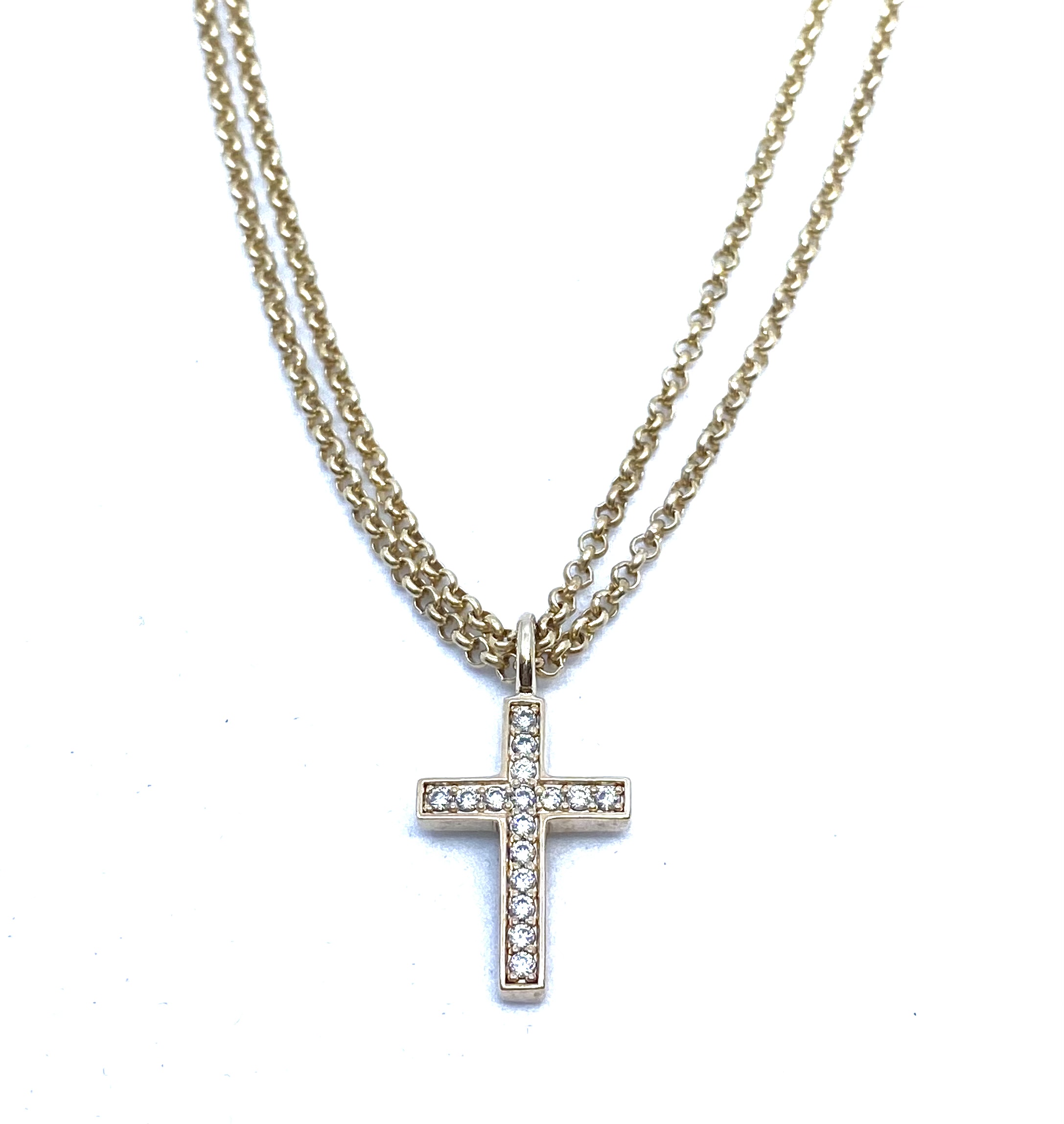 Collier double en argent 925, zircons, croix