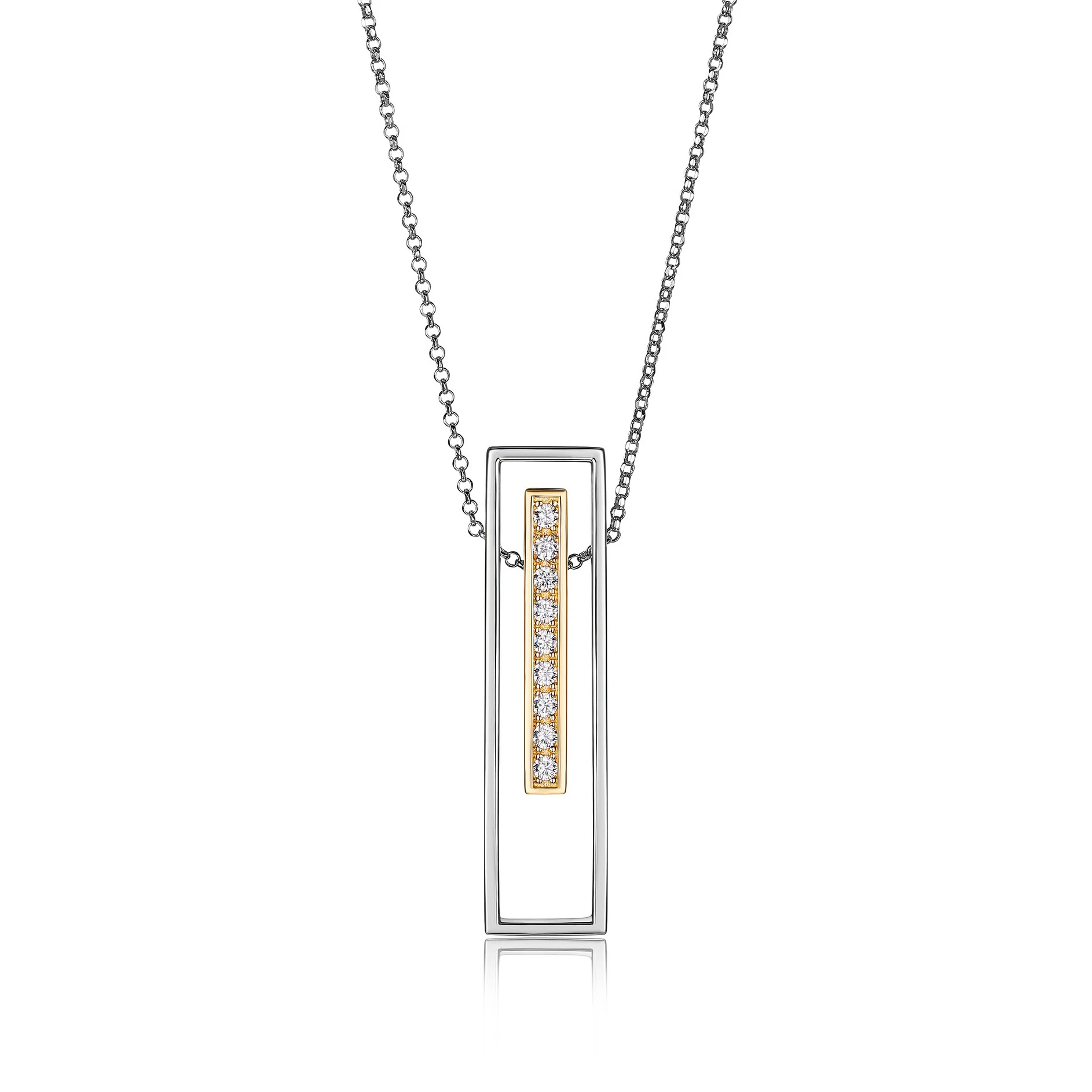 Pendantif+chaine, argent 925, 2 tons, zircon, rectangle