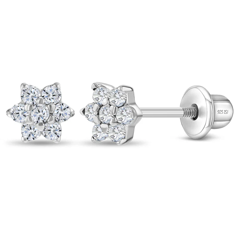 Boucles d'oreilles vissées pour enfant en argent 925, cubic zirconium, fleurs - SS-03-00108 - In Season Jewelry