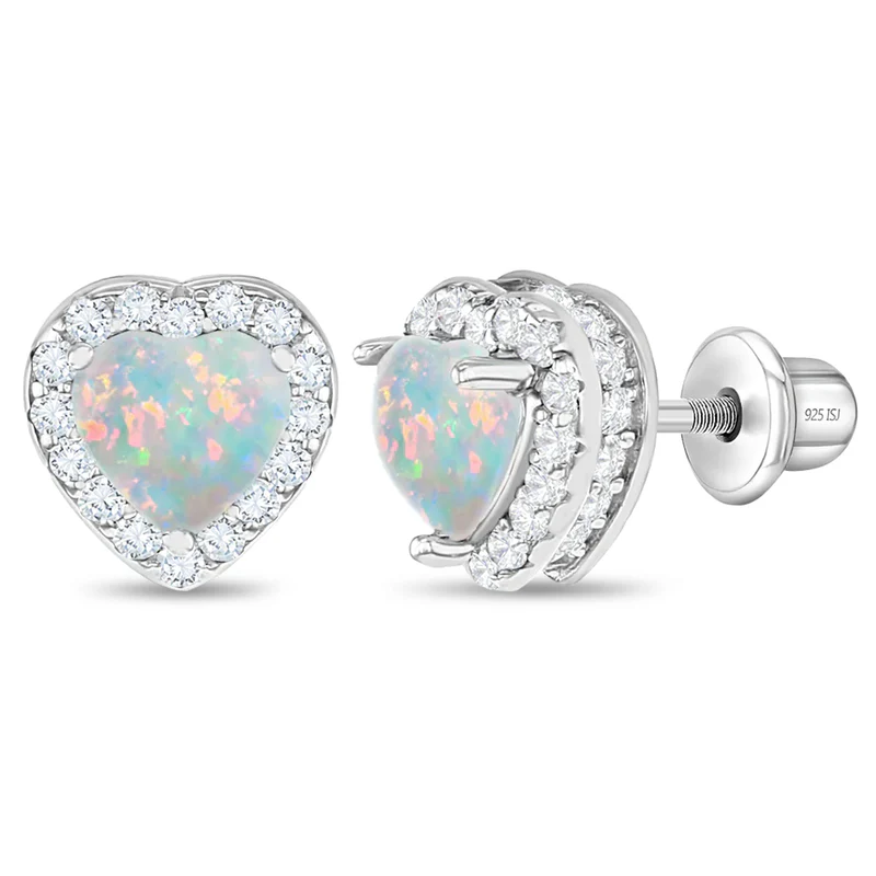 Boucles d'oreilles vissées pour enfant en argent 925, cubic zirconium, opales, coeurs - SS-03-00828 - In Season Jewelry