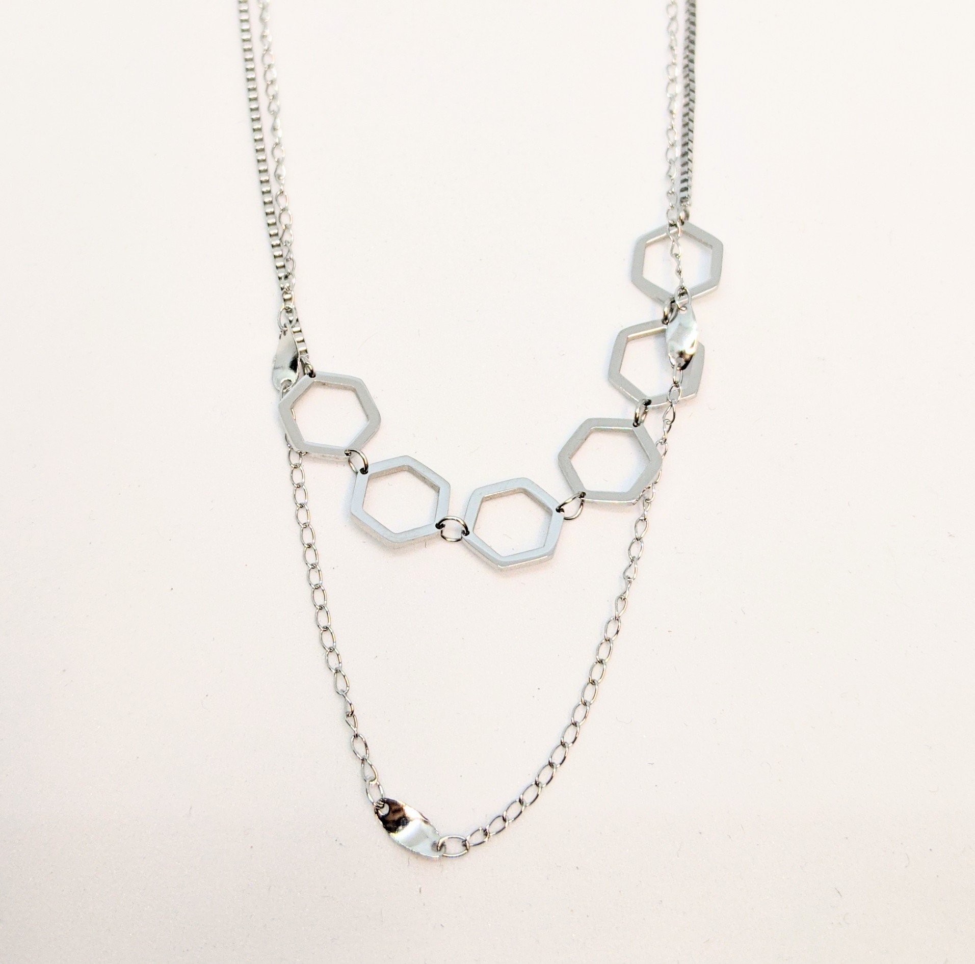 Pendentif stainless double, 6 hexagones