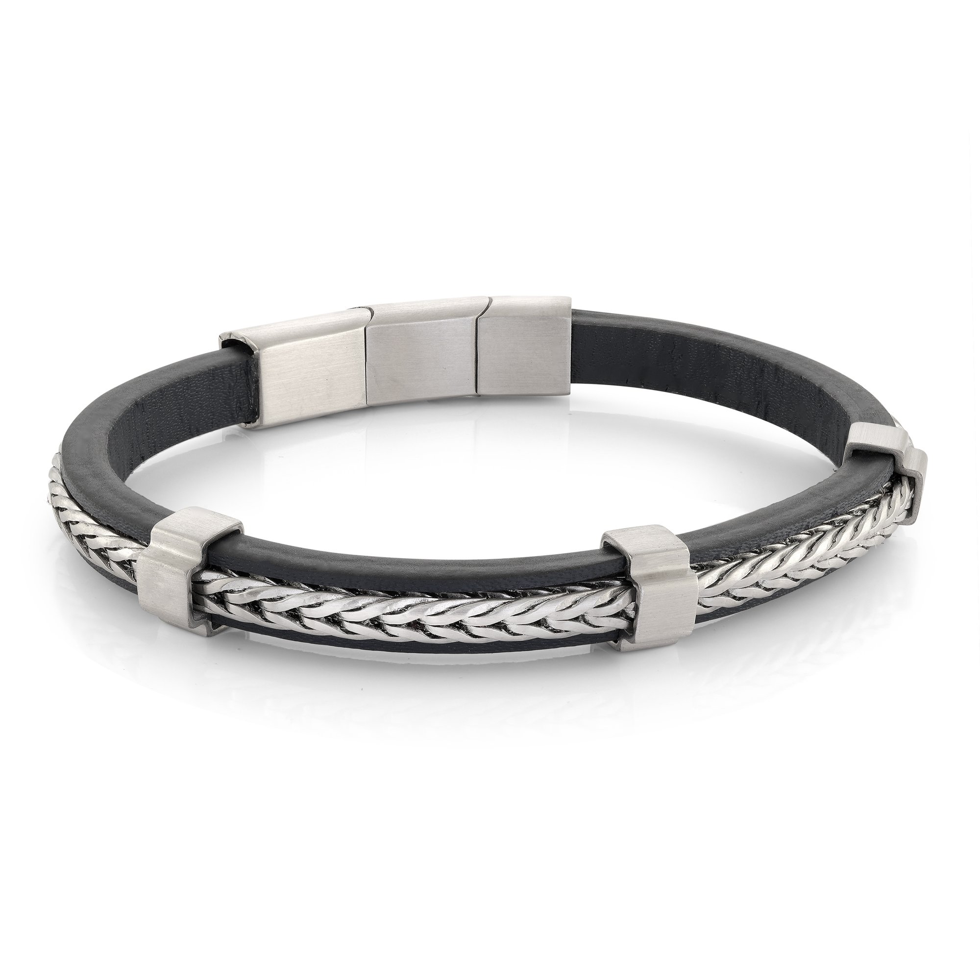 Bracelet de cuir et stainless, cuir recouvert de mailles