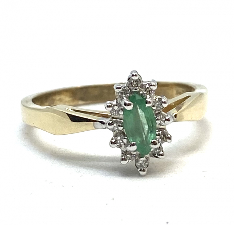 Bague pour femme en or 10K, émeraude 6x3mm coupe marquise, 12 diamants pour 0.12 carat - XA69830/2 - Empress