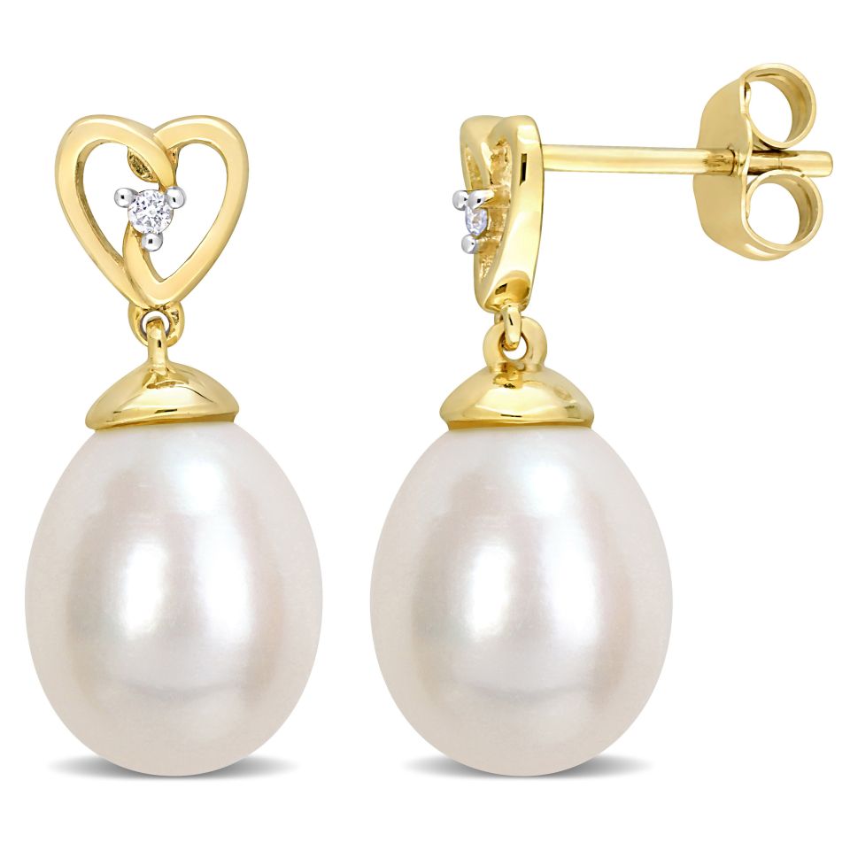 Boucles d'oreilles pour femme en or 10k, 0.02 carat de diamants, perles d'eau douce 8.5-9mm, coeur - FC2C57-TUTT - Delmar
