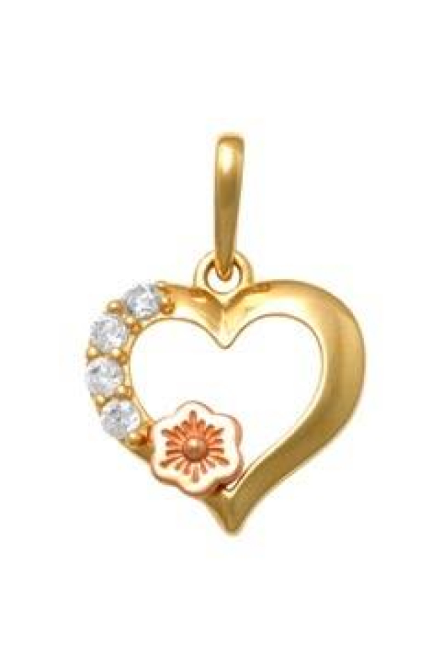 Pendantif or 10K, coeur et fleur, 4 pierres