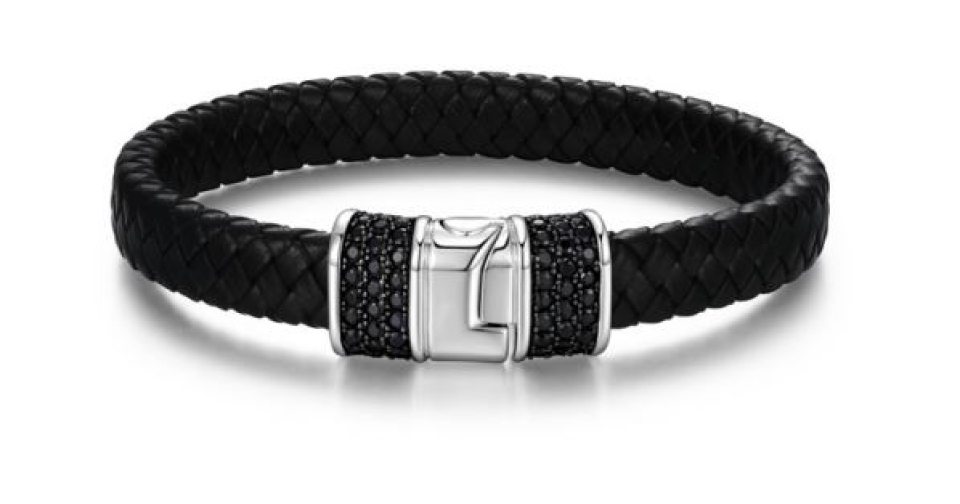 Bracelet pour homme en cuir et argent 925, saphirs noirs - R1AC3AK4A6 - Ethos