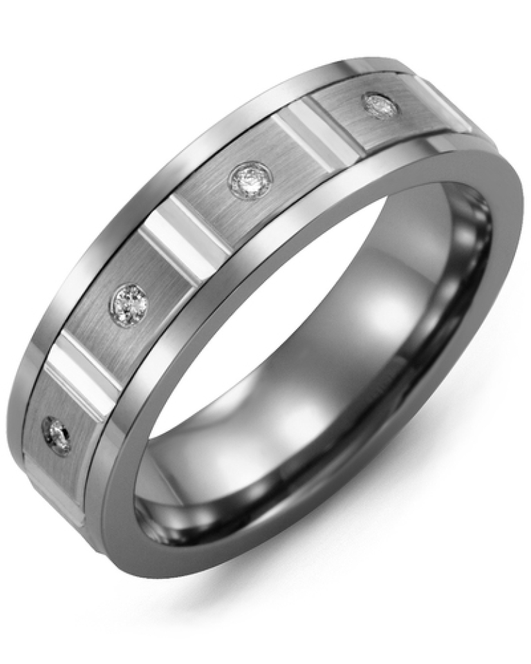 Bague pour homme en or 10k et tungstène, 3 diamants pour 0.06 carat - MDL710TW-6R - Madani