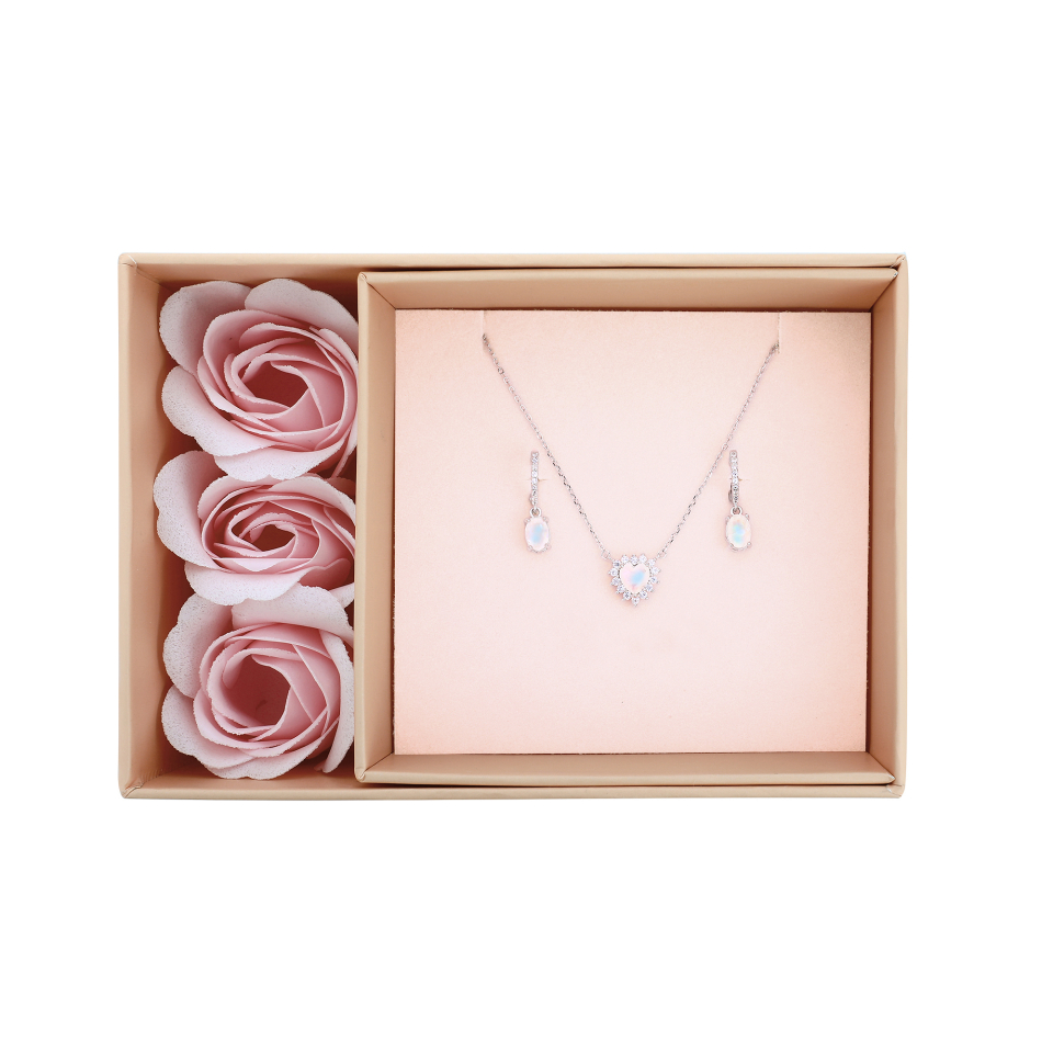 Ensemble de boucles d'oreilles et pendentif pour femme en argent 925, pierres de lune, cubic zirconium, coeur - COFFRET-VALENTINE-S - Pinkalie