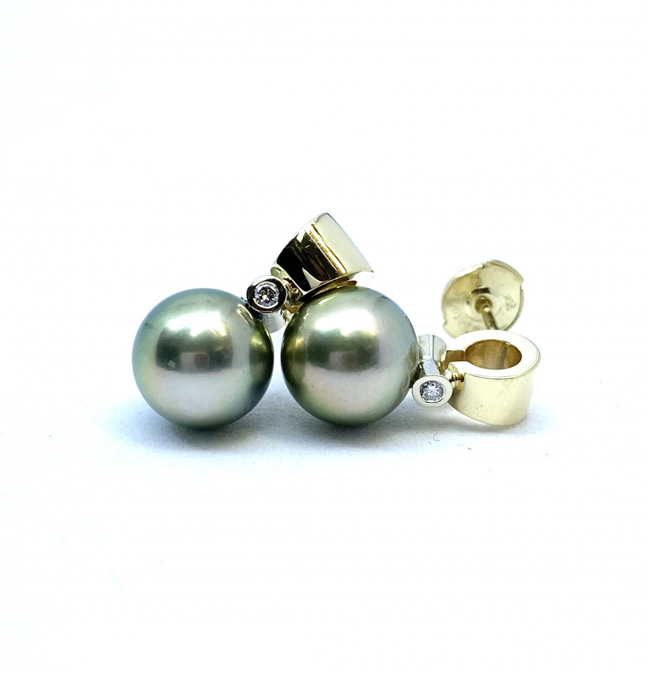 Boucles d'oreilles pour femme en or 14k, 2 diamants pour 0.02 carat, 2 perles des mers du sud - BO106214 - Divers