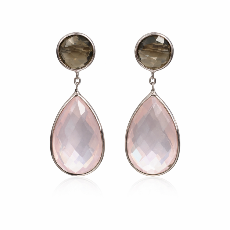 Boucles d'oreilles pour femme en or 14k, quartz fumé et rose coupe poire