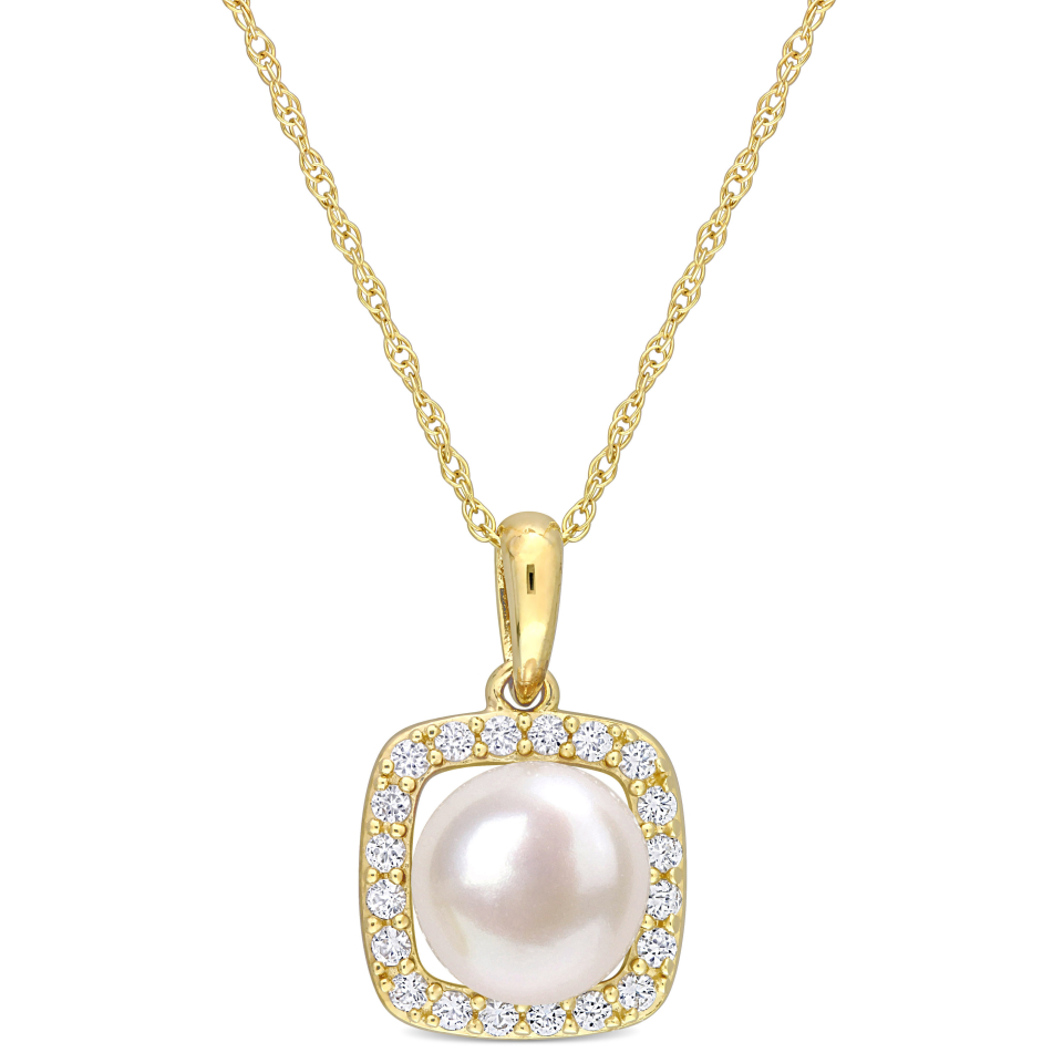 Bague pour femme en or 10k, 0.20 carat de saphirs blancs, perle d'eau douce 7-7.5mm